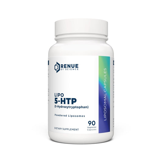 Renue By Science 5HTP bottle front, labeled and ready for daily mood support.