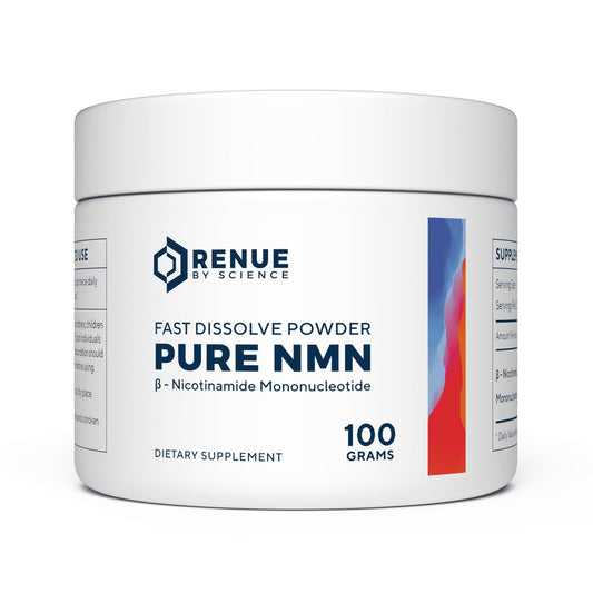 Renue By Science NMN powder bottle closeup highlights pure crystalline NMN for convenient dosing.