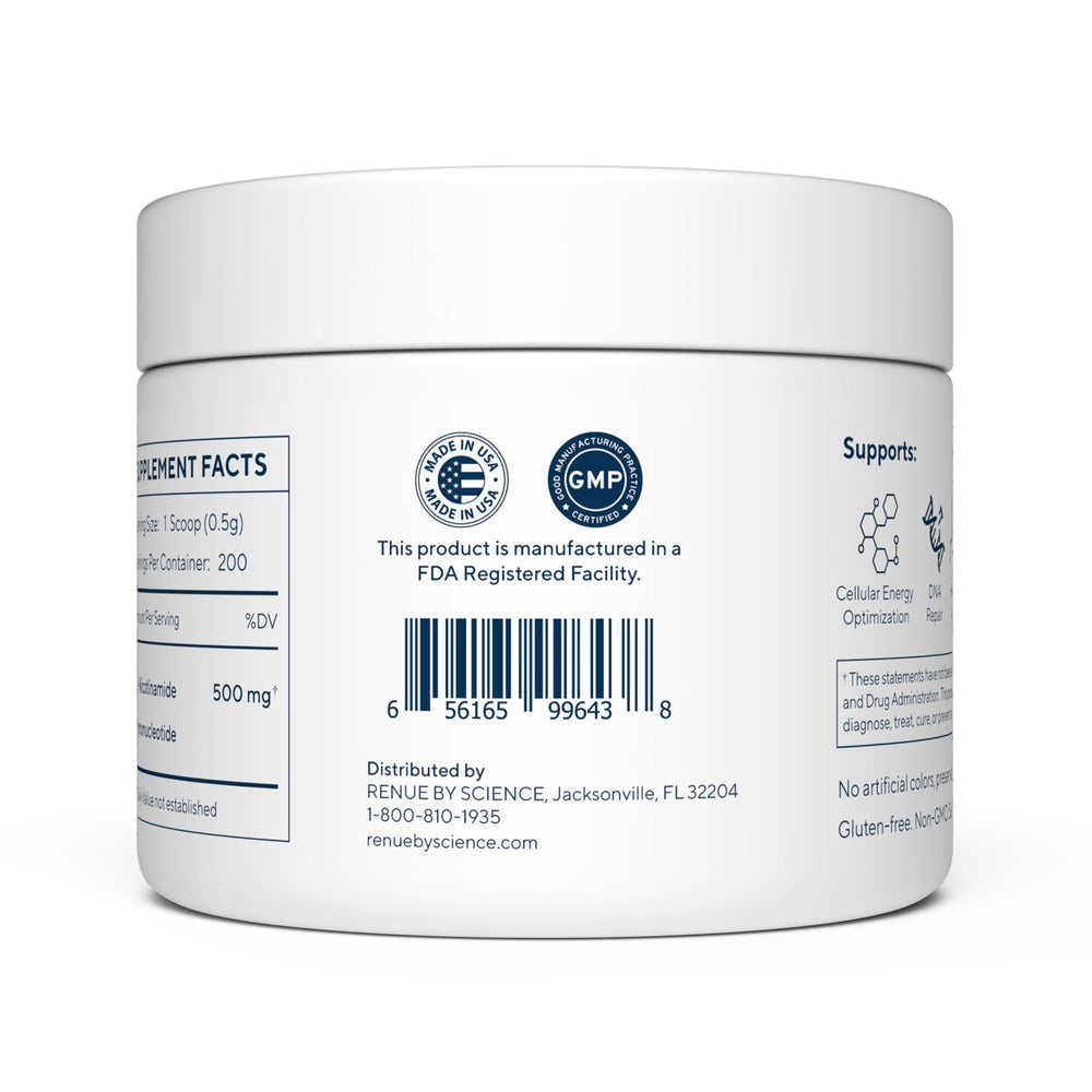 Renue By Science NMN powder travel packaging emphasizes compact, daily-use convenience.