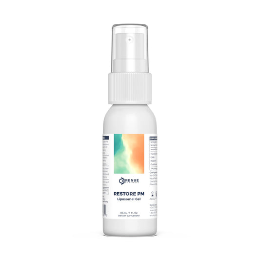 Renue By Science Restore PM bottle pump shows rapid sublingual absorption for sleep support