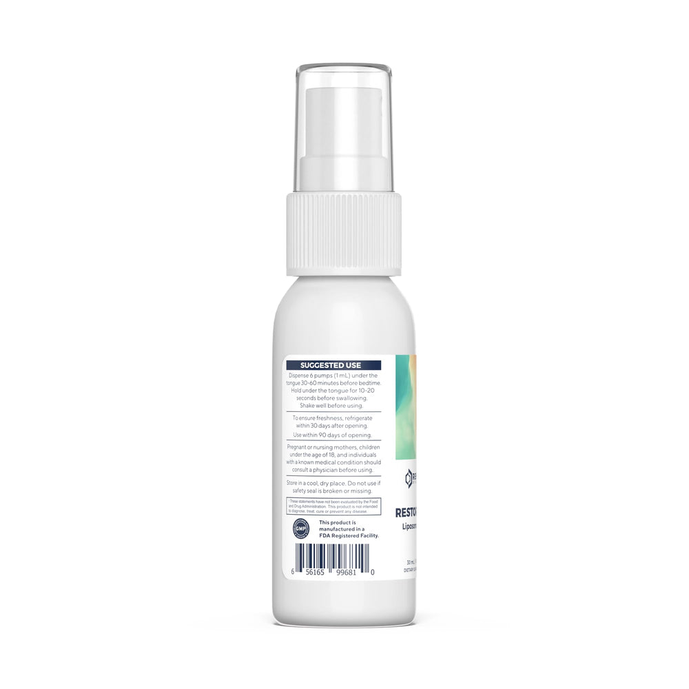 Renue By Science Restore PM ingredients closeup highlighting GABA, melatonin, and glutathione benefits