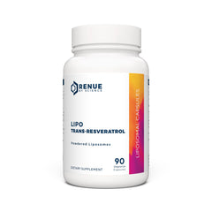 Renue By Science Resveratrol bottle front with liposomal formula for antioxidant support.