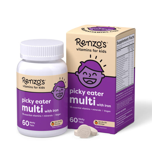 Renzo's Picky Eater orange pack dissolvable tabs for kids' nutrition on the go