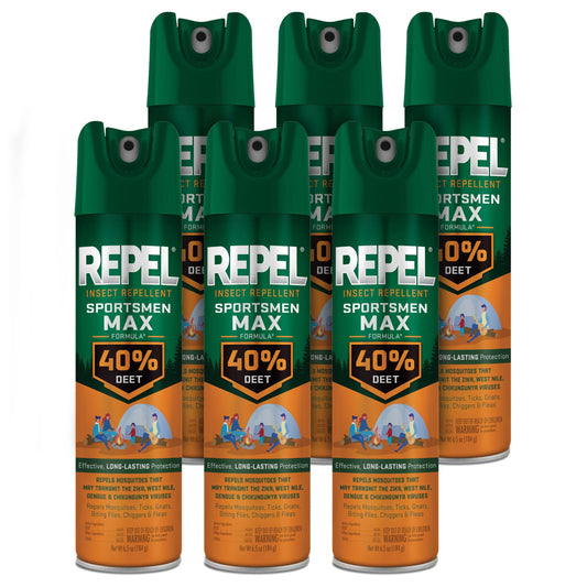 Repel Sportsmen Max Formula 40% DEET aerosol bottle for outdoor protection.