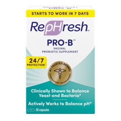Rephresh Pro-B probiotic bottle on shelf supporting daily yeast balance