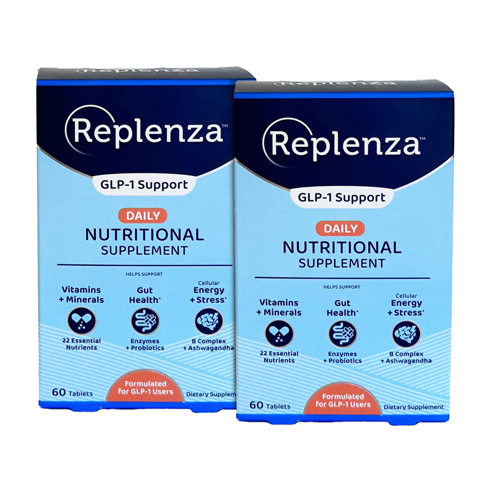 Replenza Daily GLP-1 supplement bottle for daily energy support.