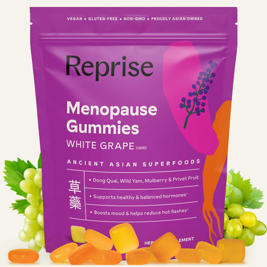 Reprise Menopause Gummies bottle front for convenient daily hormone support.