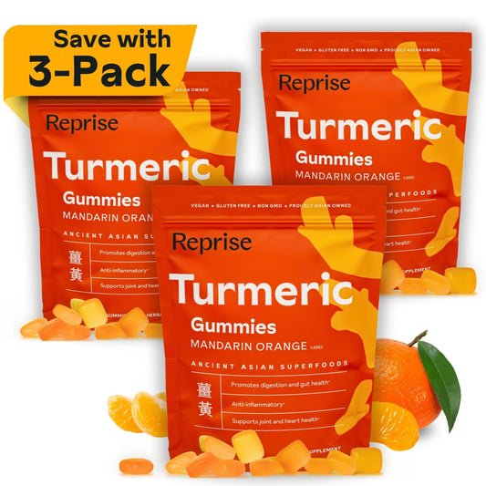 Reprise Turmeric Gummies bottle with mandarin orange flavor for daily wellness.