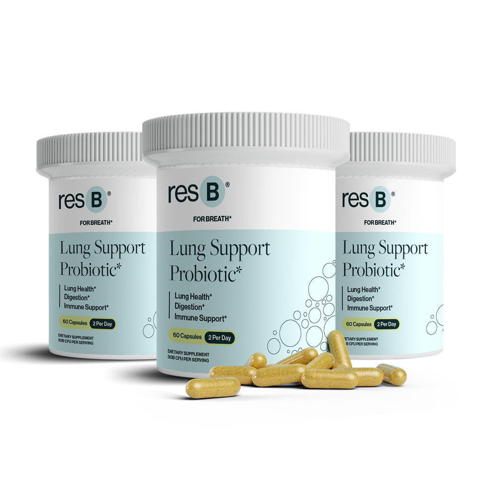 ResBiotic resB lung support bottle front highlighting probiotic blend for lung and gut balance