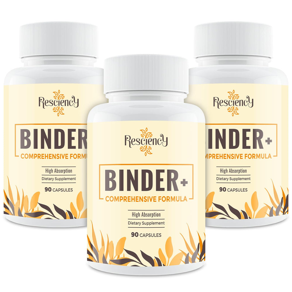Resciency Detox Binder bottle closeup showcases capsules for everyday wellness.