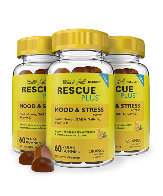 RESCUE Bach Plus Mood & Stress Gummies bottle closeup for calm support