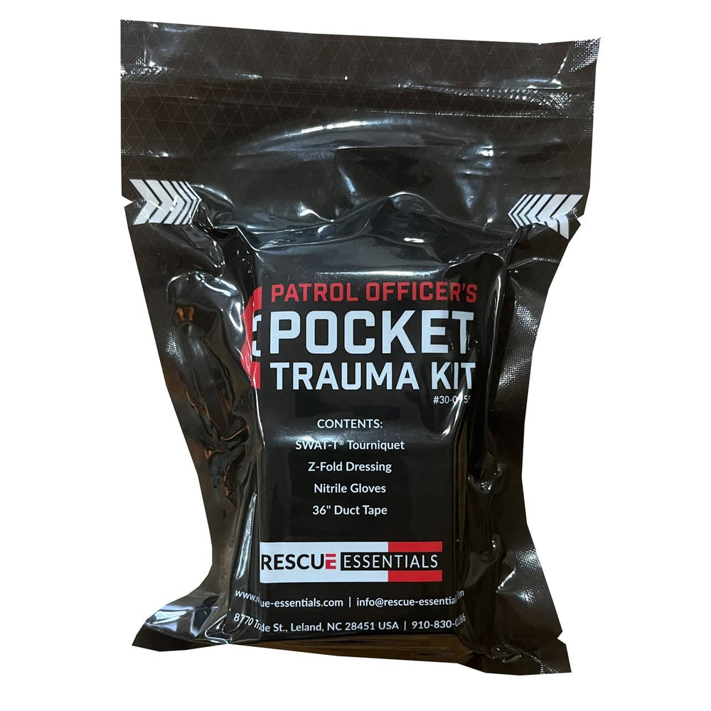 Rescue Essentials pocket trauma kit in a vacuum sealed pouch for rapid access