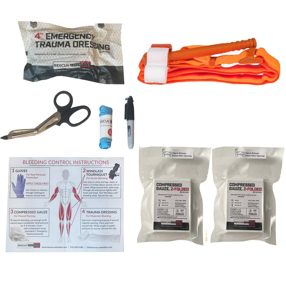 Rescue Essentials Stop the Bleed dual kit in an AED cabinet for fast deployment.