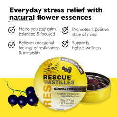 RESCUE pastilles black currant box showing convenient 4-pack