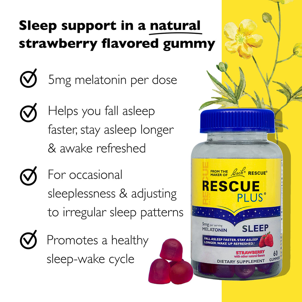 RESCUE PLUS melatonin sleep gummies natural strawberry flavor for bedtime routine