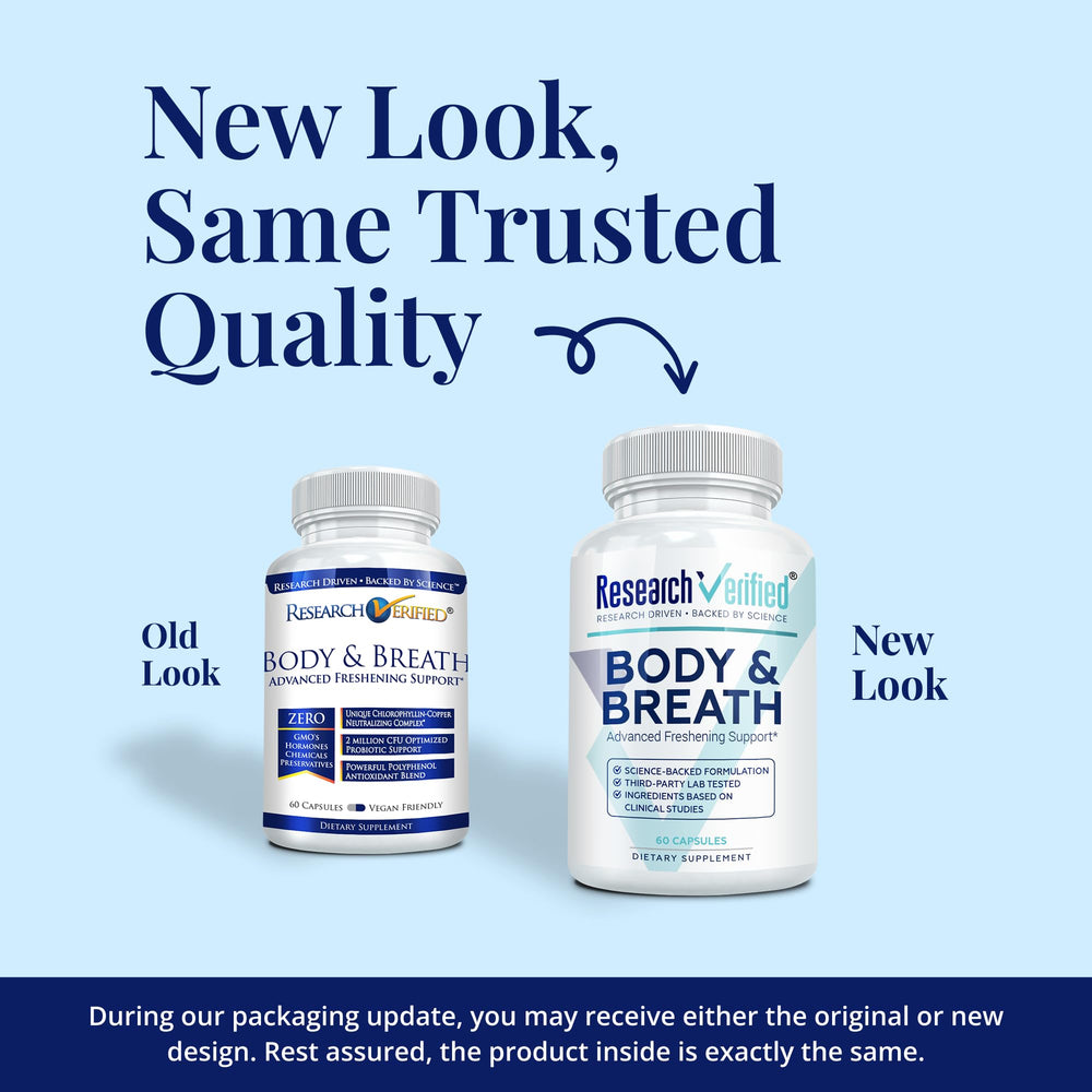 Research Verified 60 vegan capsules ready for daily odor and breath support.