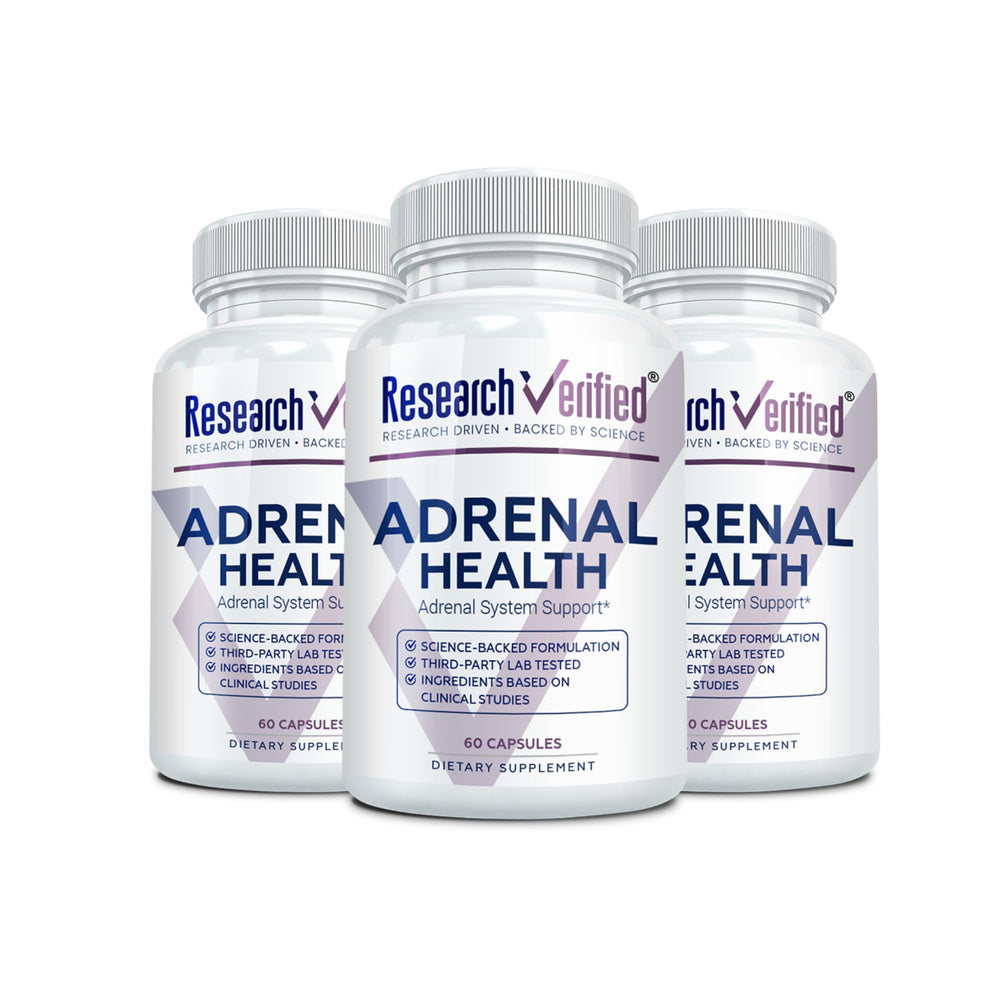 Front view of Research Verified Adrenal Support bottle for daily energy balance.