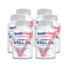 Research Verified Antarctic Krill Oil bottle with softgels for potential heart and cognitive support.