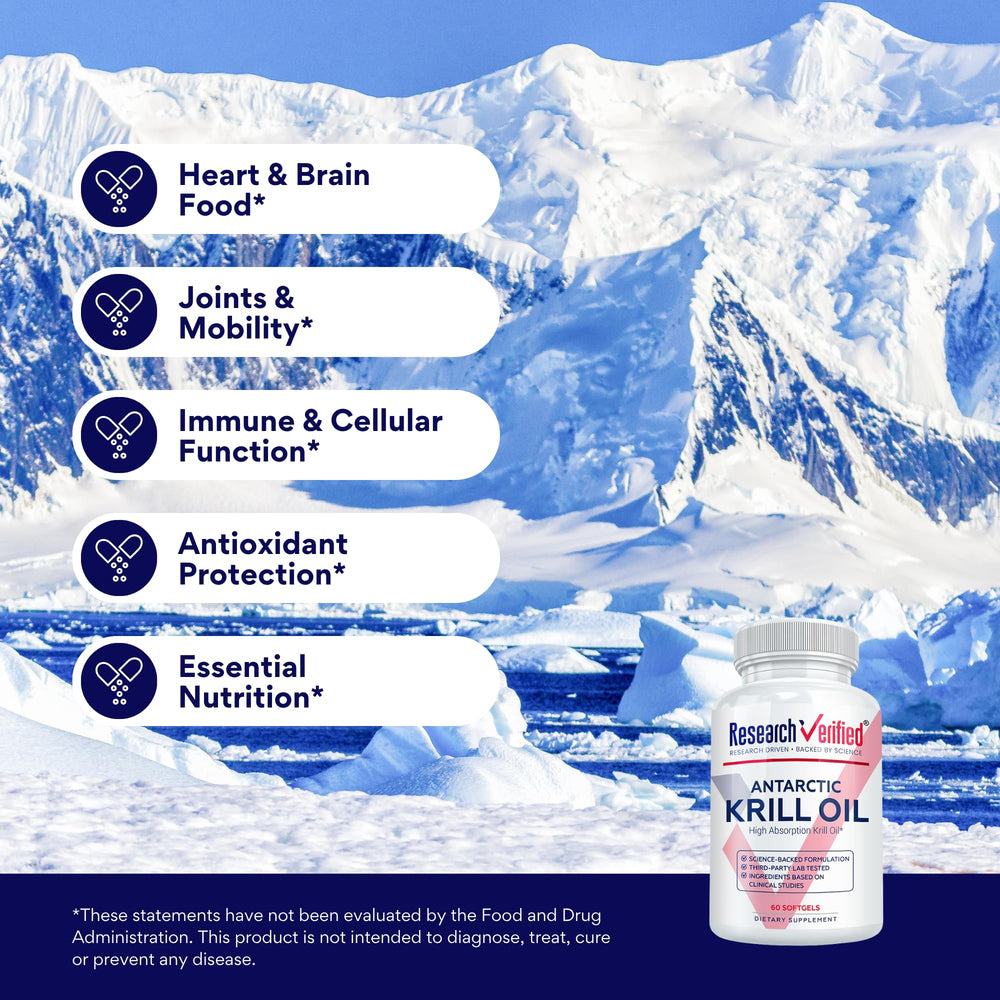 Research Verified Antarctic Krill Oil bottle with glass of water for convenient everyday use.