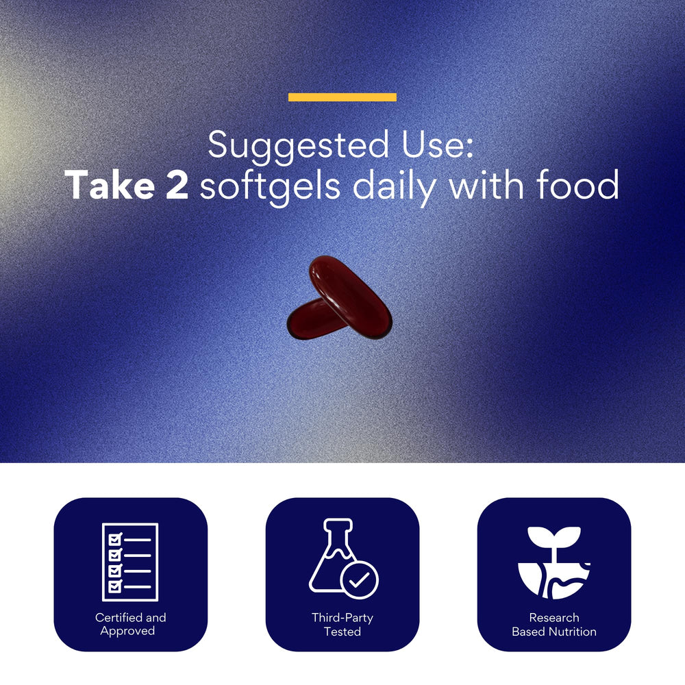 Research Verified Antarctic Krill Oil capsule beside a heart icon suggesting cardiovascular support.