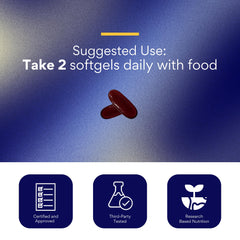 Research Verified Antarctic Krill Oil capsule beside a heart icon suggesting cardiovascular support.
