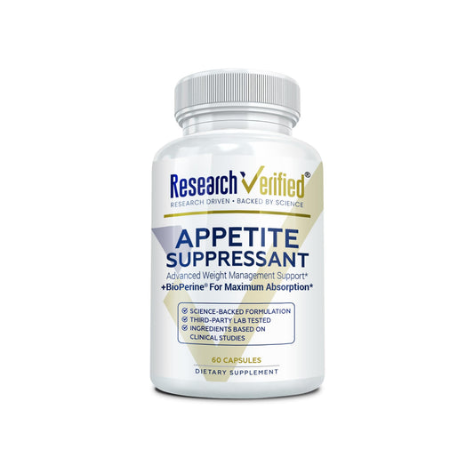 Research Verified Appetite Suppressant bottle label shows easy-dose guidance for mindful use and appetite awareness.