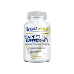 Research Verified Appetite Suppressant bottle label shows easy-dose guidance for mindful use and appetite awareness.