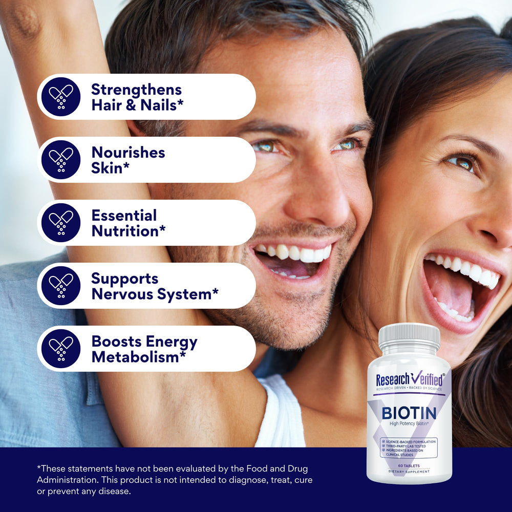 Research Verified Biotin purity close-up emphasizes no additives or preservatives.