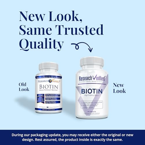 Close-up of Research Verified Biotin tablets highlights vegan-friendly, easy swallowing.