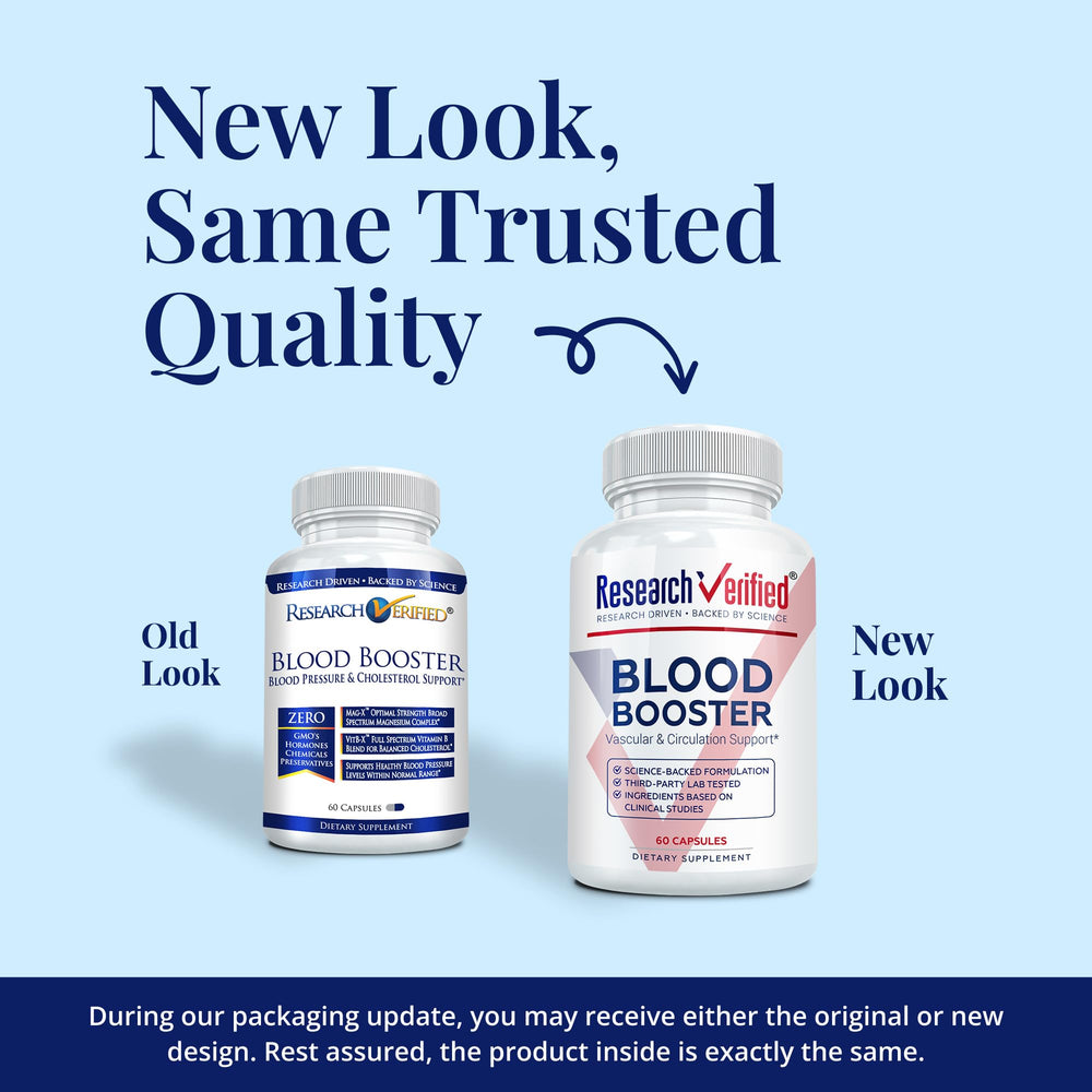 Research Verified Blood Booster capsules close-up, hawthorn and magnesium for circulation support.
