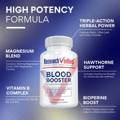 Research Verified Blood Booster label close-up, emphasizing natural ingredients for blood support.