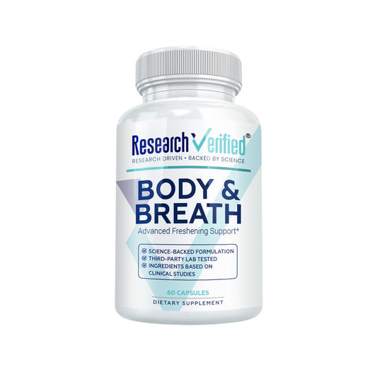 Research Verified body-breath deodorant bottle showcases sleek packaging for daily freshness.