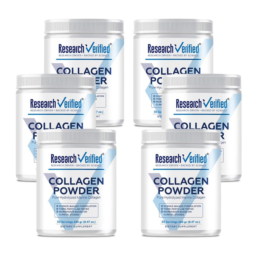 Research Verified Collagen Powder bottle showcases unflavored marine peptides for skin hydration and elasticity.