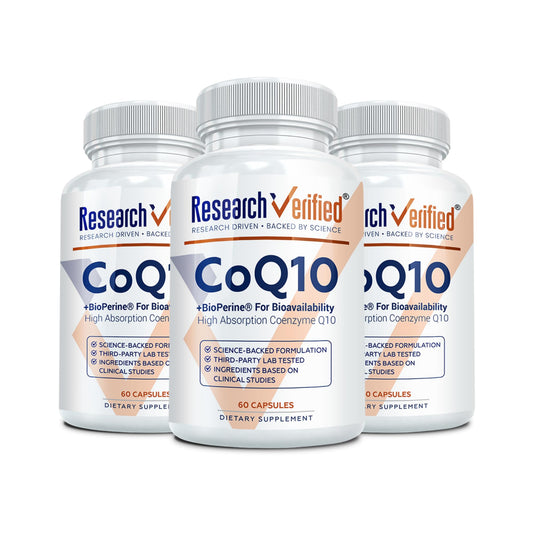 Research Verified CoQ10 bottle close-up showcasing vegan, high-potency formula for antioxidant support