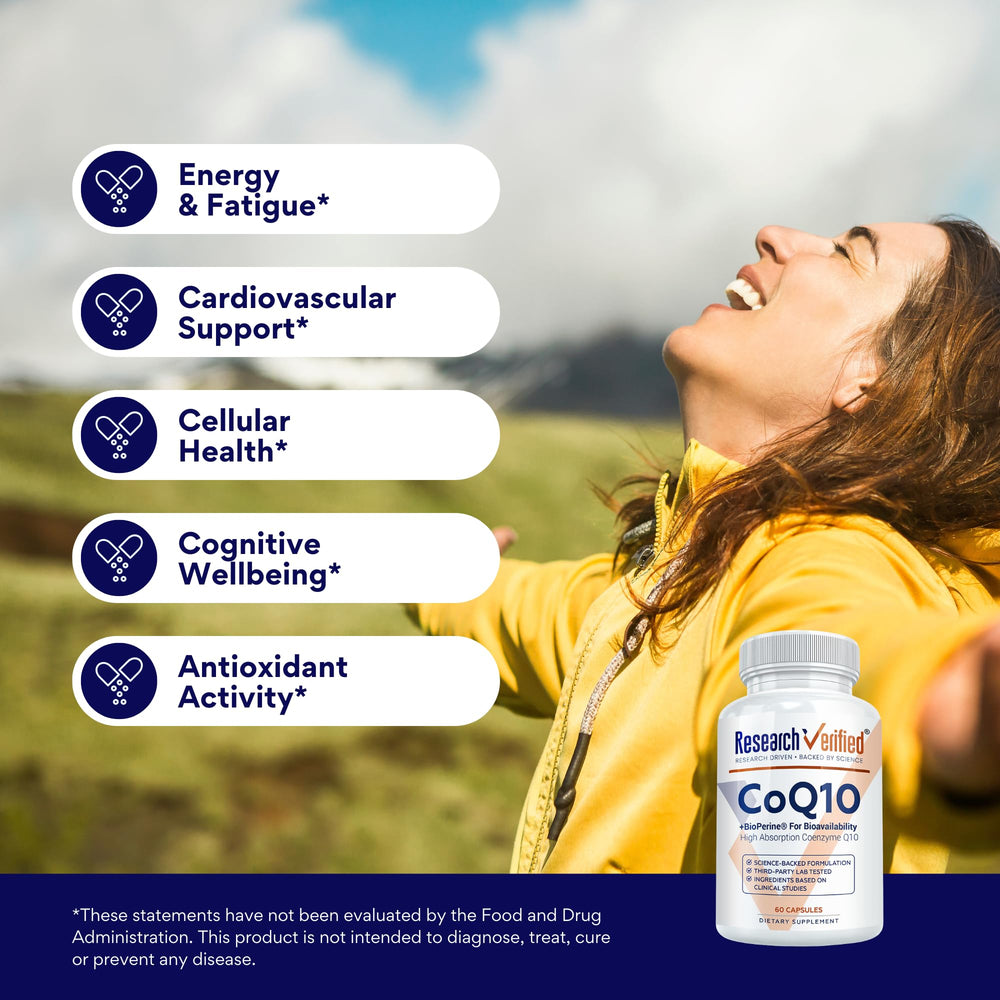 Research Verified CoQ10 bottle nutrition label provides potency details.