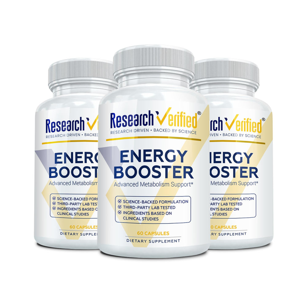 Research Verified Energy Booster bottle front highlights full B vitamin complex for daily energy.