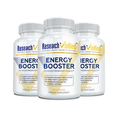 Research Verified Energy Booster bottle front highlights full B vitamin complex for daily energy.