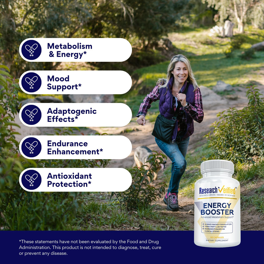 Research Verified Energy Booster label detail notes BioPerine and vegan ingredients.