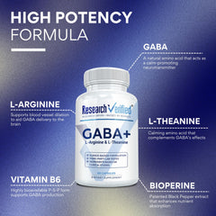 Close-up of Research Verified GABA+ label highlighting vegan formula