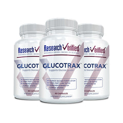 Research Verified Glucotrax bottle front shows branding for daily balance.