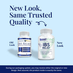 Research Verified IBS Relief herbal blend image shows peppermint, fennel, and ginger for soothing notes.