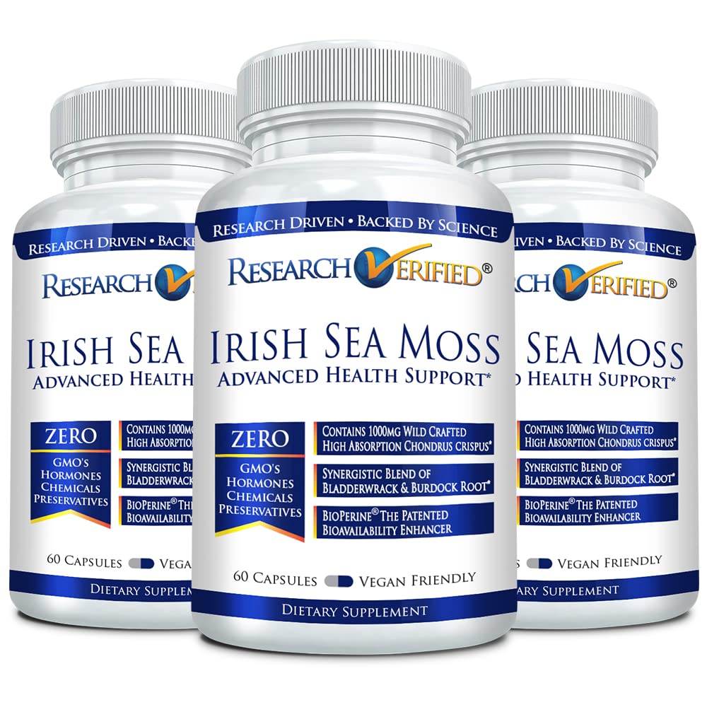 Research Verified Irish Sea Moss bottle front for immune support and daily vitality