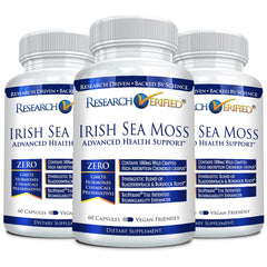 Research Verified Irish Sea Moss bottle front for immune support and daily vitality