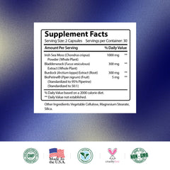 Research Verified vegan-certified sea moss capsules showcasing pure toxin-free formula