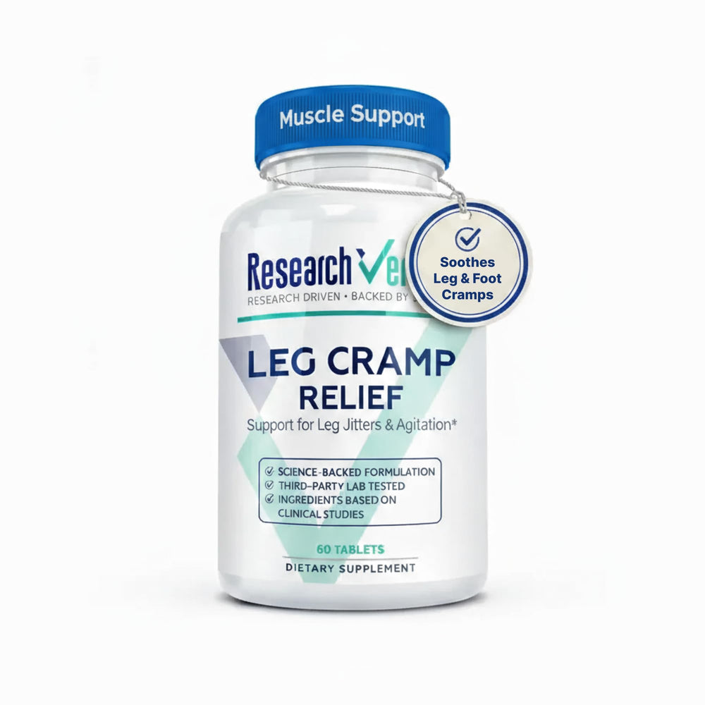 Research Verified Leg Cramps capsules in a bottle, designed for convenient daily support.