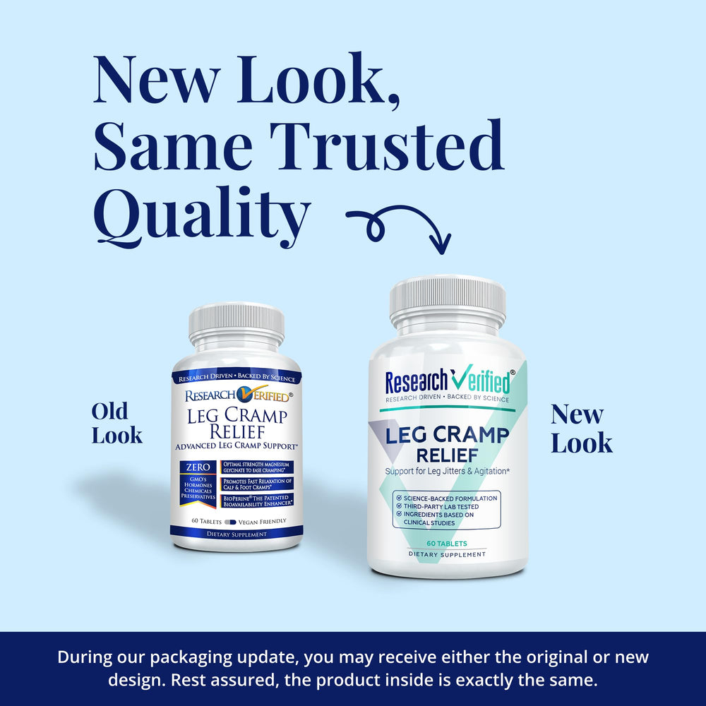 Research Verified Leg Cramps capsules close-up highlighting magnesium and B vitamins