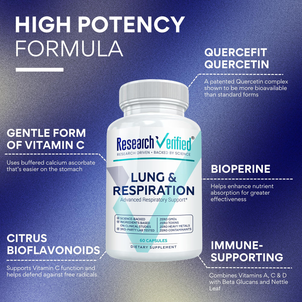 Closeup of Research Verified Lung and Respiration capsules in clear bottle