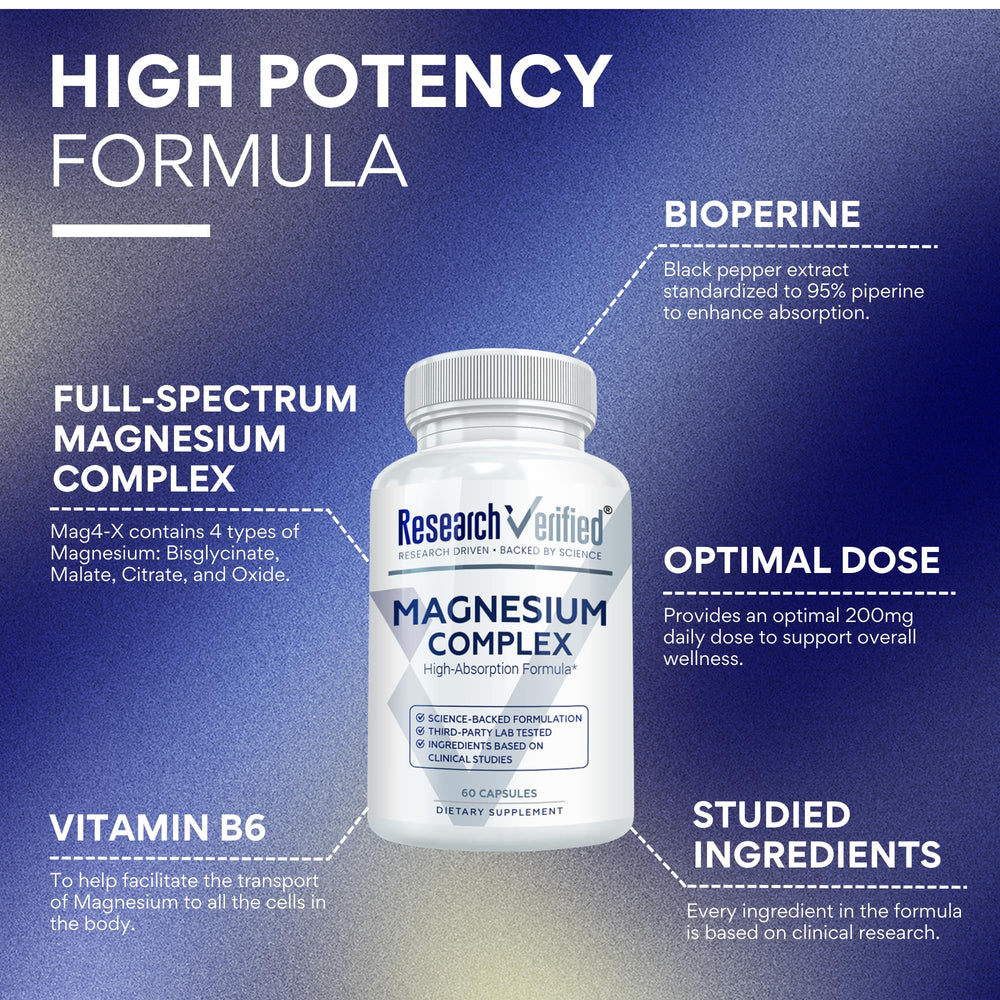 Research Verified Magnesium Complex label highlights four magnesium forms for absorption.