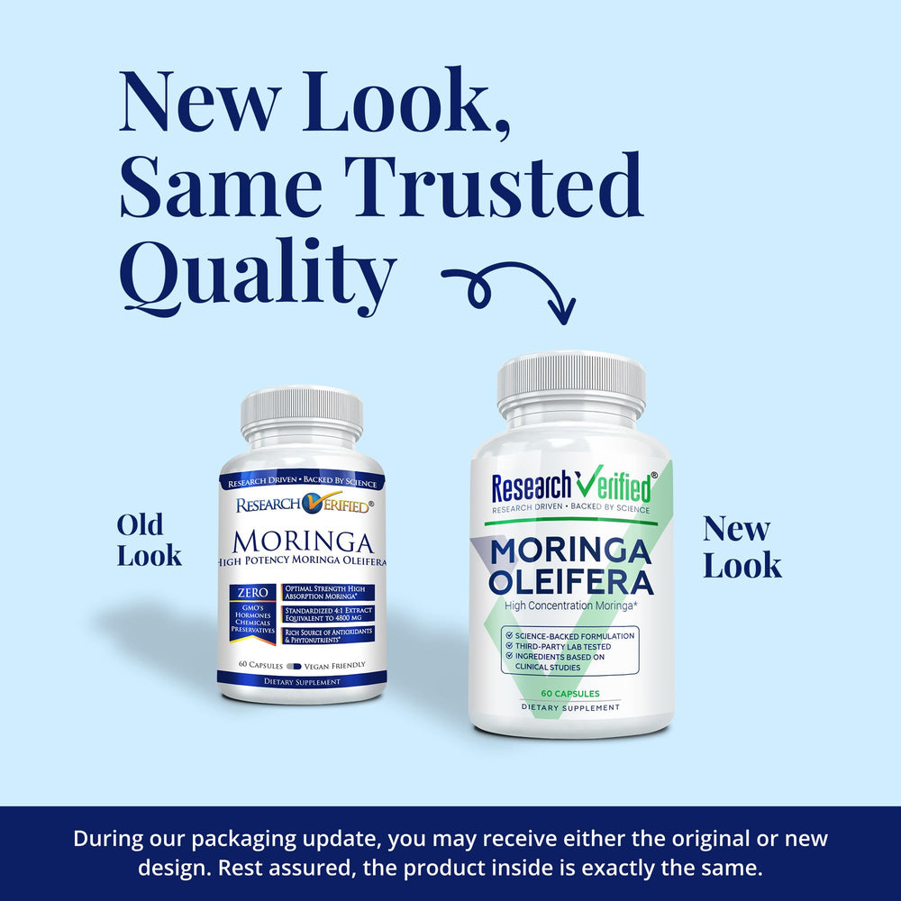 Research Verified Moringa Oleifera bottle back label highlights purity and USA-made quality