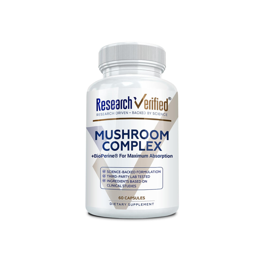 Research Verified Mushroom Complex bottle with vegan capsules for daily immune support.